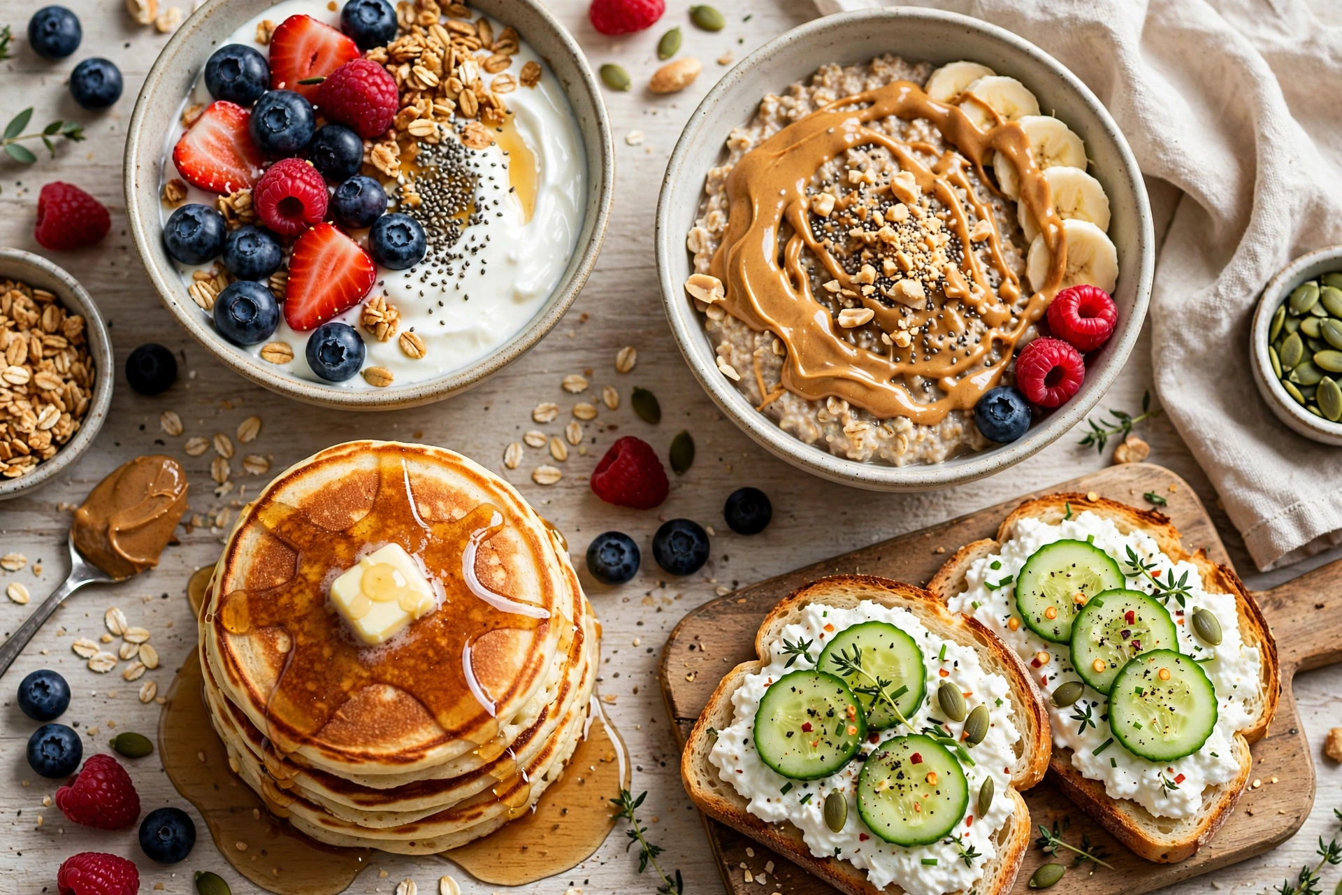 High protein breakfast without eggs - yogurt bowls, protein pancakes and oatmeal